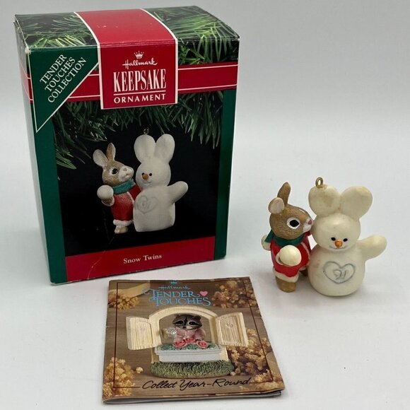 Hallmark Keepsake 'Snow Twins' Rabbit & Snowrabbit Ornament - 1991 - Picture 1 of 4